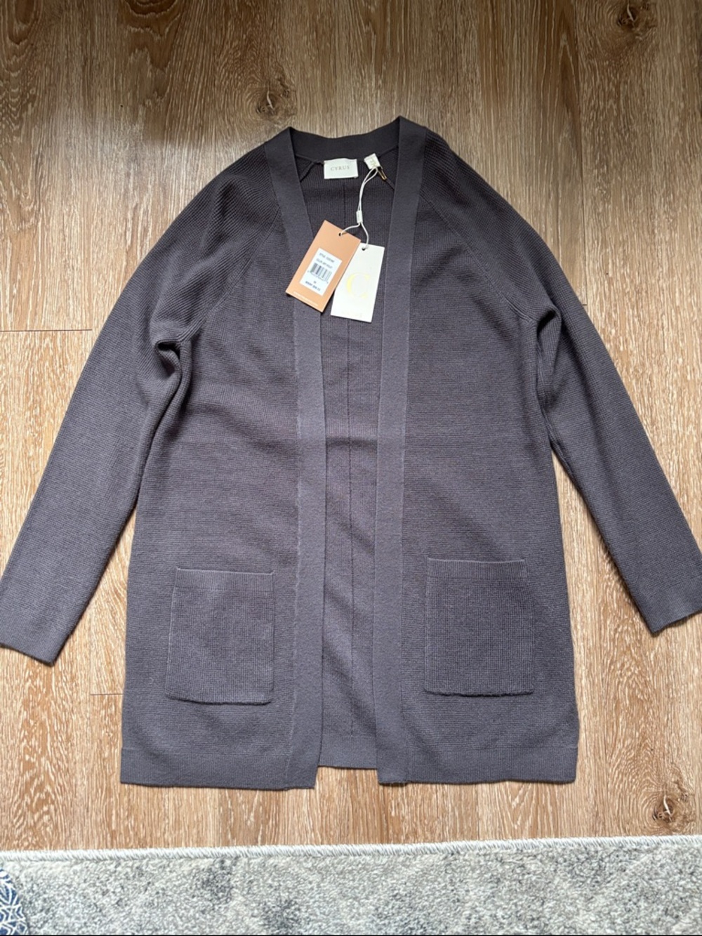 New! Cyrus dark gray long length cardigan, open front, Medium